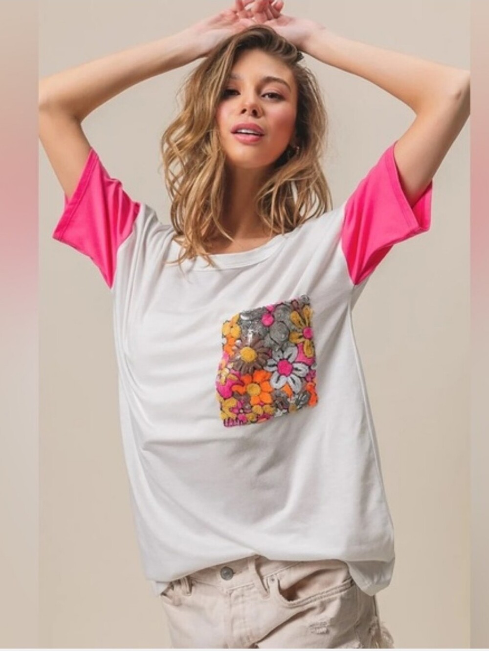 BiBi Colorblock Sequin Floral Pocket Tee White Pink Sleeves XL